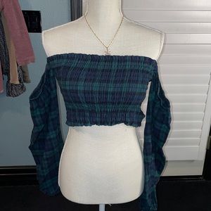 Plaid Puff Sleeve Off Shoulder Top